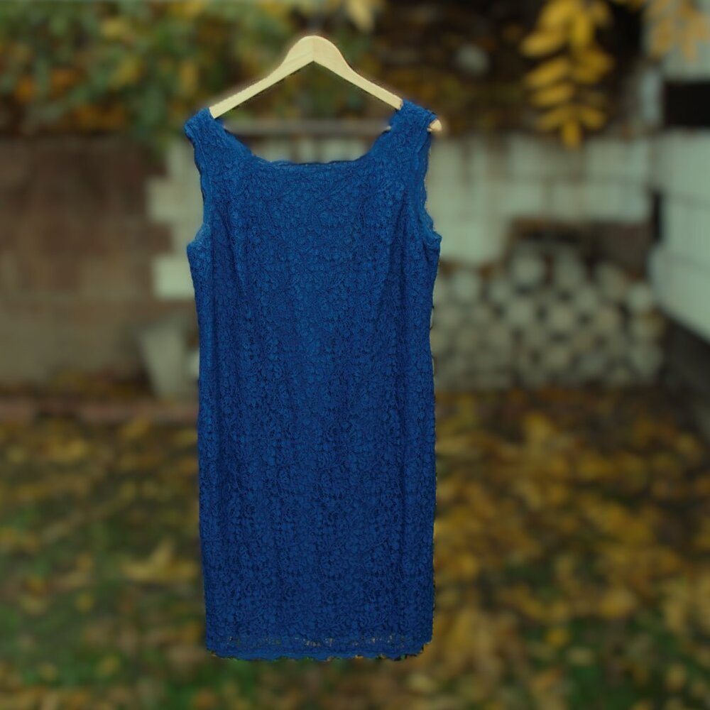 Adrianna Papell Evening Blue Scalloped Lace Floral Lined Formal Dress 14W